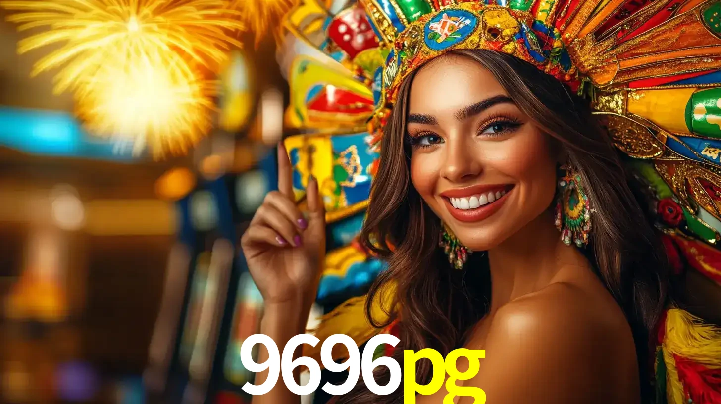Mulher sorridente com um cocar de carnaval vibrante e colorido, celebrando uma grande vitória nos jogos do cassino 9696pg com fogos de artifício ao fundo.