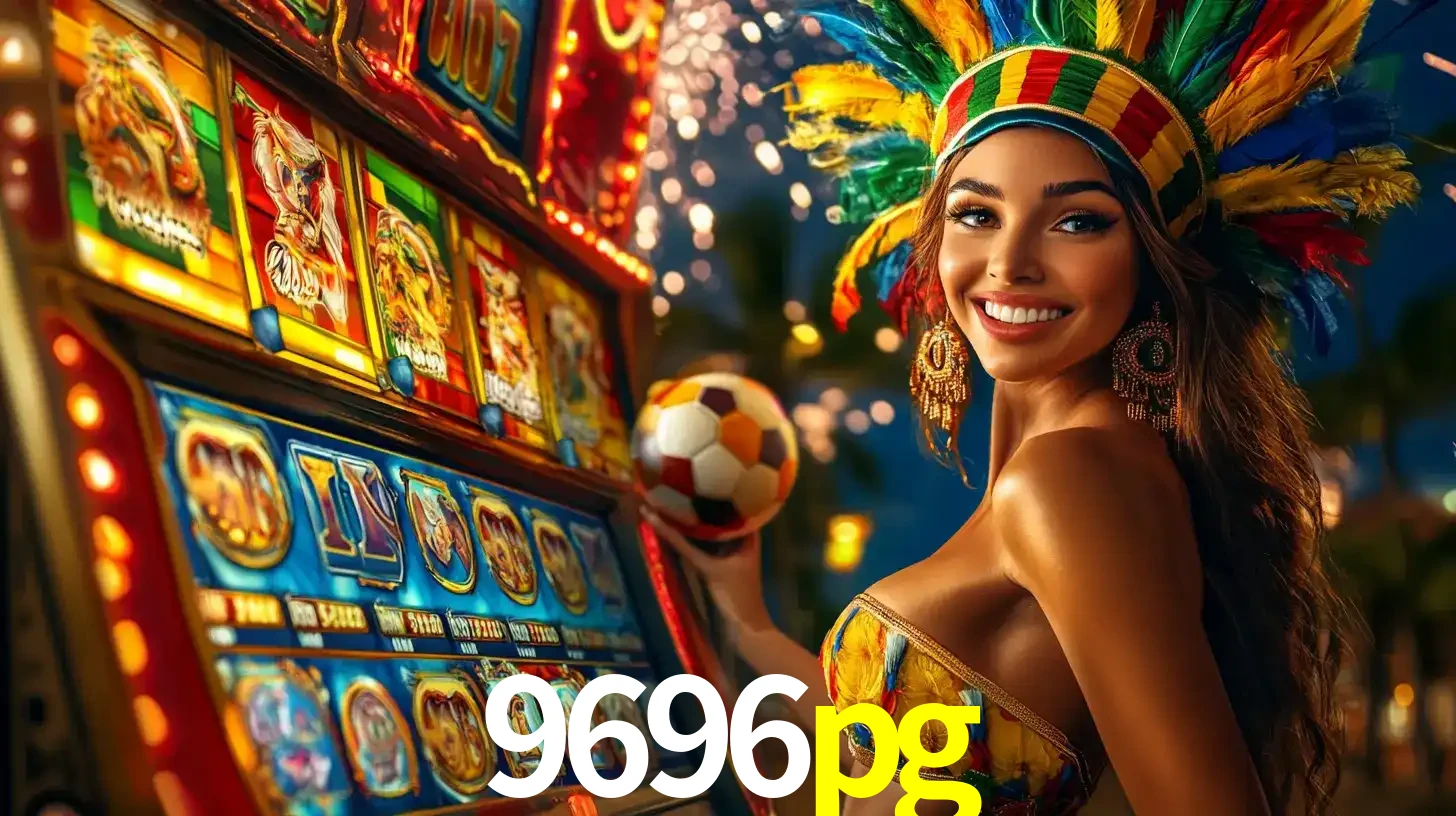 Mulher com um cocar de carnaval ao lado de uma máquina de caça-níqueis enquanto segura uma bola de futebol, mostrando a união da diversão de cassino e esportes no 9696pg.