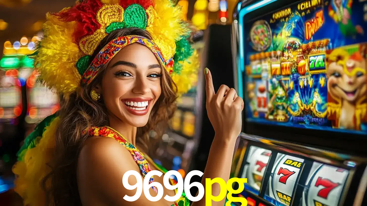 Mulher animada com um cocar de carnaval apontando para uma máquina de caça-níqueis, mostrando a emoção de ganhar um grande prêmio nos jogos do 9696pg.