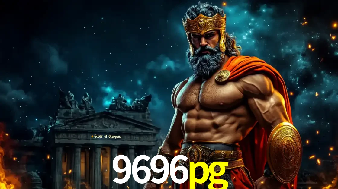 O poderoso Zeus do jogo de slot Gates of Olympus em frente ao seu templo, pronto para lançar multiplicadores divinos e prêmios épicos no cassino online 9696pg.