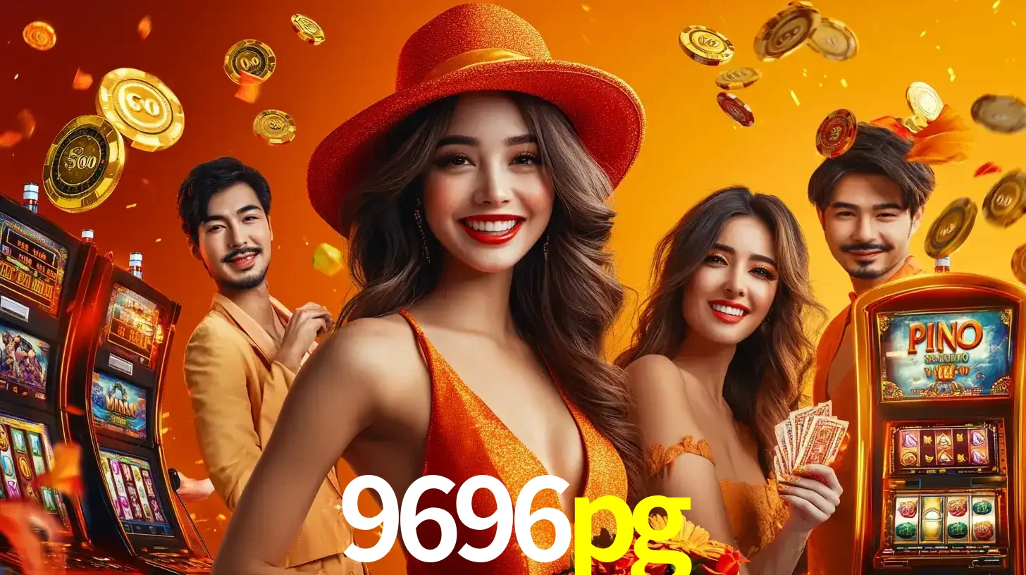 Grupo de amigos asiáticos sorrindo e se divertindo com máquinas de caça-níqueis em um ambiente festivo, celebrando suas vitórias nos jogos de cassino do 9696pg.