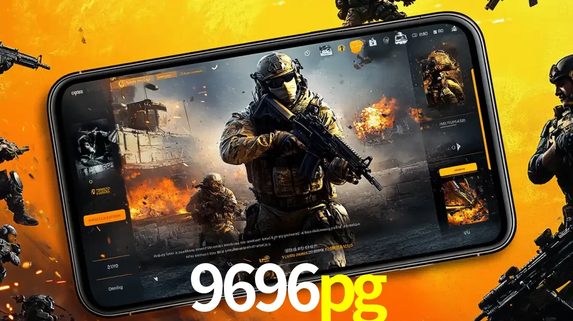 Um smartphone exibindo a interface de um jogo de tiro em primeira pessoa, com um soldado em um cenário de batalha, representando a ação dos e-sports para apostar no 9696pg.