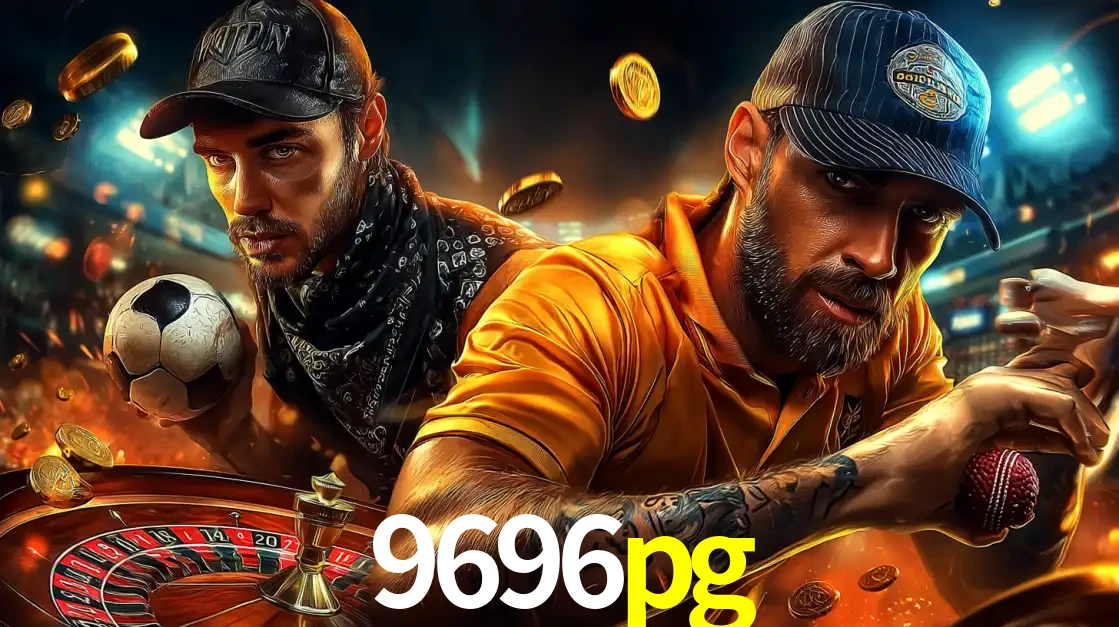 Montagem de apostas esportivas e cassino no 9696pg, com um homem segurando uma bola de futebol e outro uma de beisebol sobre uma roleta e moedas voadoras.