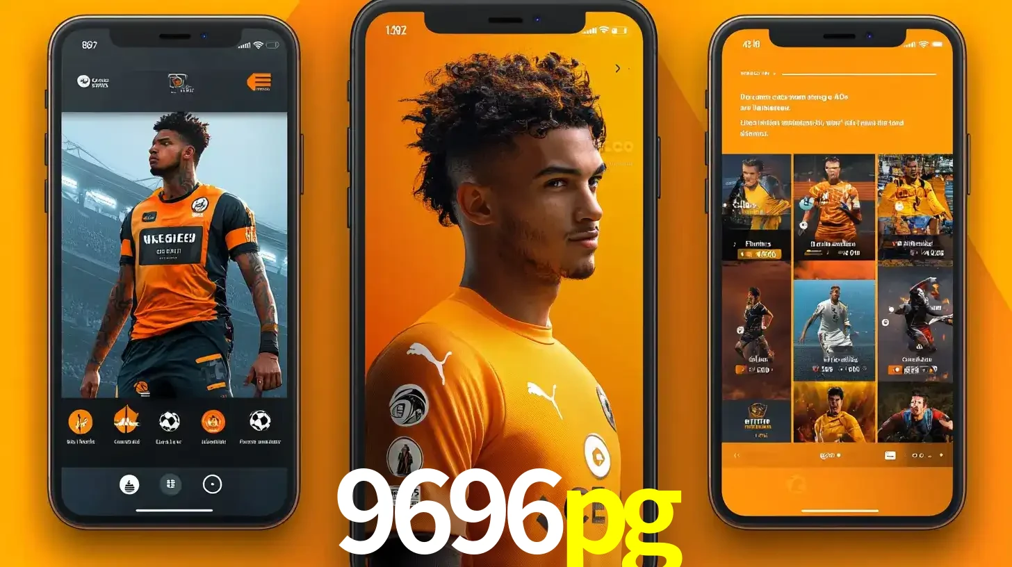 Interface do aplicativo de apostas esportivas 9696pg em três telas de celular, mostrando o perfil de um jogador de futebol e a lista de jogos disponíveis para apostar.