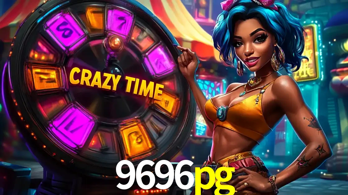 Mulher estilizada com cabelo azul e visual vibrante posando ao lado da roda de prêmios do game show Crazy Time, convidando para a diversão e os bônus do cassino 9696pg.