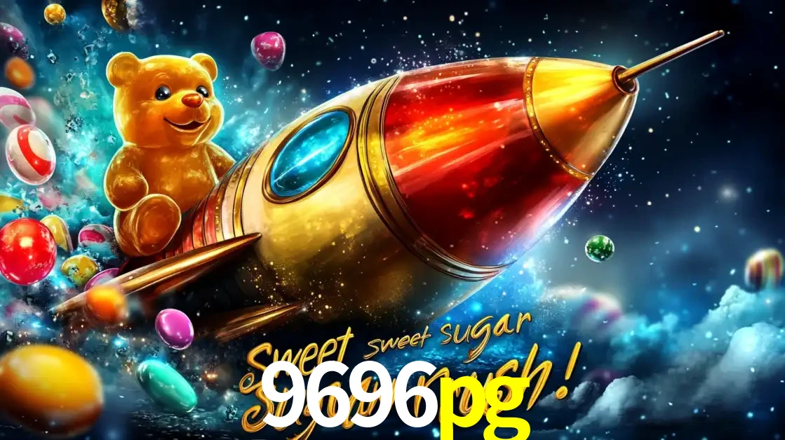 Arte promocional do jogo de slot Sugar Rush, com um urso de pelúcia em um foguete viajando pelo espaço de doces, um dos jogos divertidos disponíveis no cassino 9696pg.