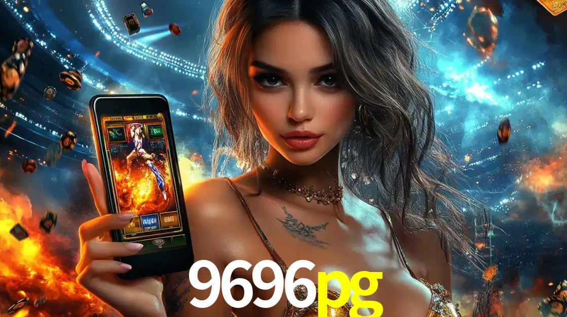 Mulher segurando um celular com um jogo de slot em destaque, tendo como fundo um estádio vibrante, simbolizando a emoção de jogar no cassino móvel 9696pg.