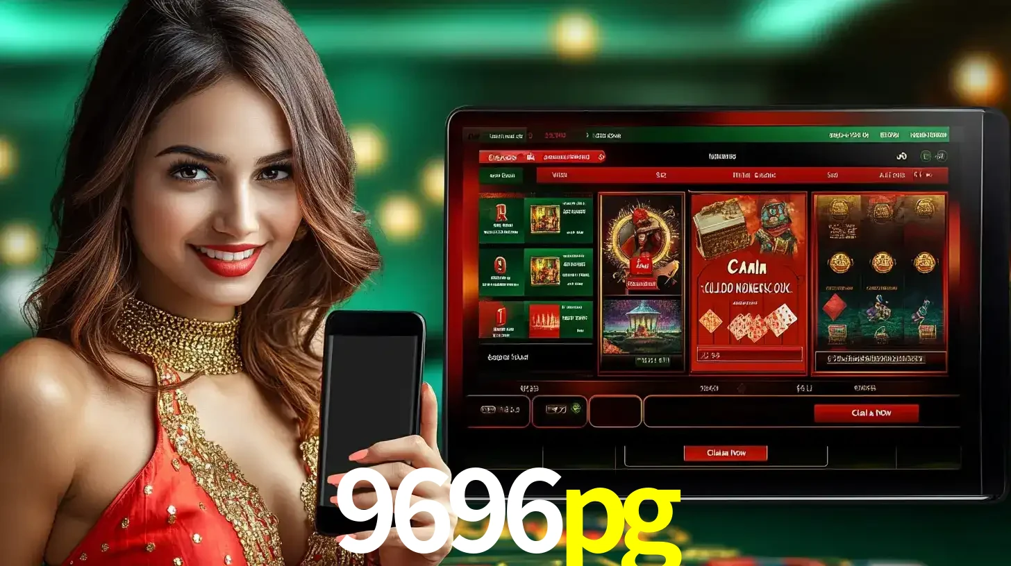 Mulher sorridente segurando um smartphone, ao lado de uma tela exibindo o lobby de jogos do cassino online 9696pg, com várias opções de jogos de cartas e slots.